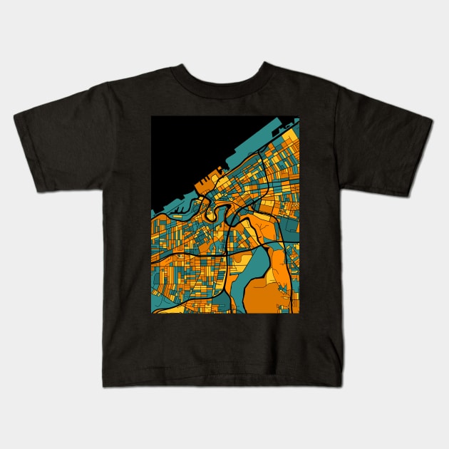 Cleveland Map Pattern in Orange & Teal Kids T-Shirt by PatternMaps